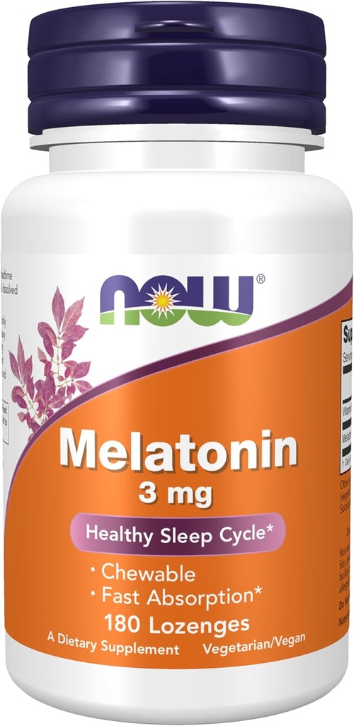 NOW Foods Supplements, Melatonin 3 mg, Free Radical Scavenger*, Healthy Sleep Cycle*, 180 Chewable Lozenges
