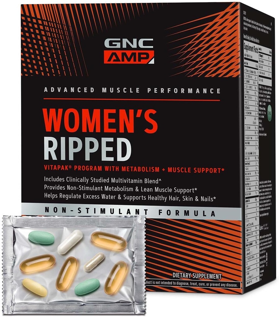 GNC AMP Women’s Ripped Non-Stim Vitapak Program, 5 Products in 1 Vitamin Pack, Metabolism & Lean Muscle, Water Shedding, Proven Ingredients, CLA, Biotin, Multivitamin, Caffeine Free, 30-Day Supply