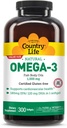Country Life Omega-3 Fish Oil Supplement, 1000mg, 180mg EPA & 120mg DHA, Fish Oil Concentrate, Burpless, 300 Softgels, Certified Gluten Free