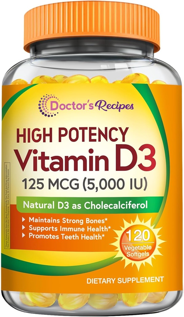 Doctor's Recipes Vitamin D3 5000IU, Immune Support for Bones, Teeth, and Immune Function, Non-GMO, No Gelatin, Gluten or Soy, 120 Vegetarian Softgels