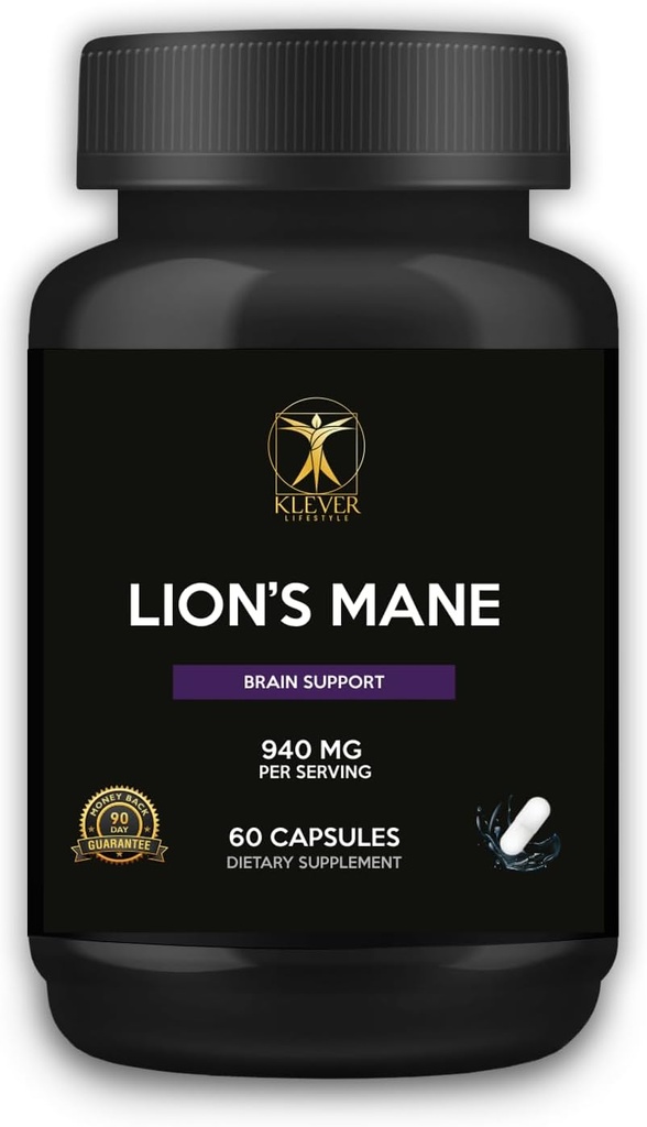 Klever Lifestyle | Lion's Mane Mushroom Supplement | Memory/Focus Enhancer | 60 Capsules | 940mg per Serving