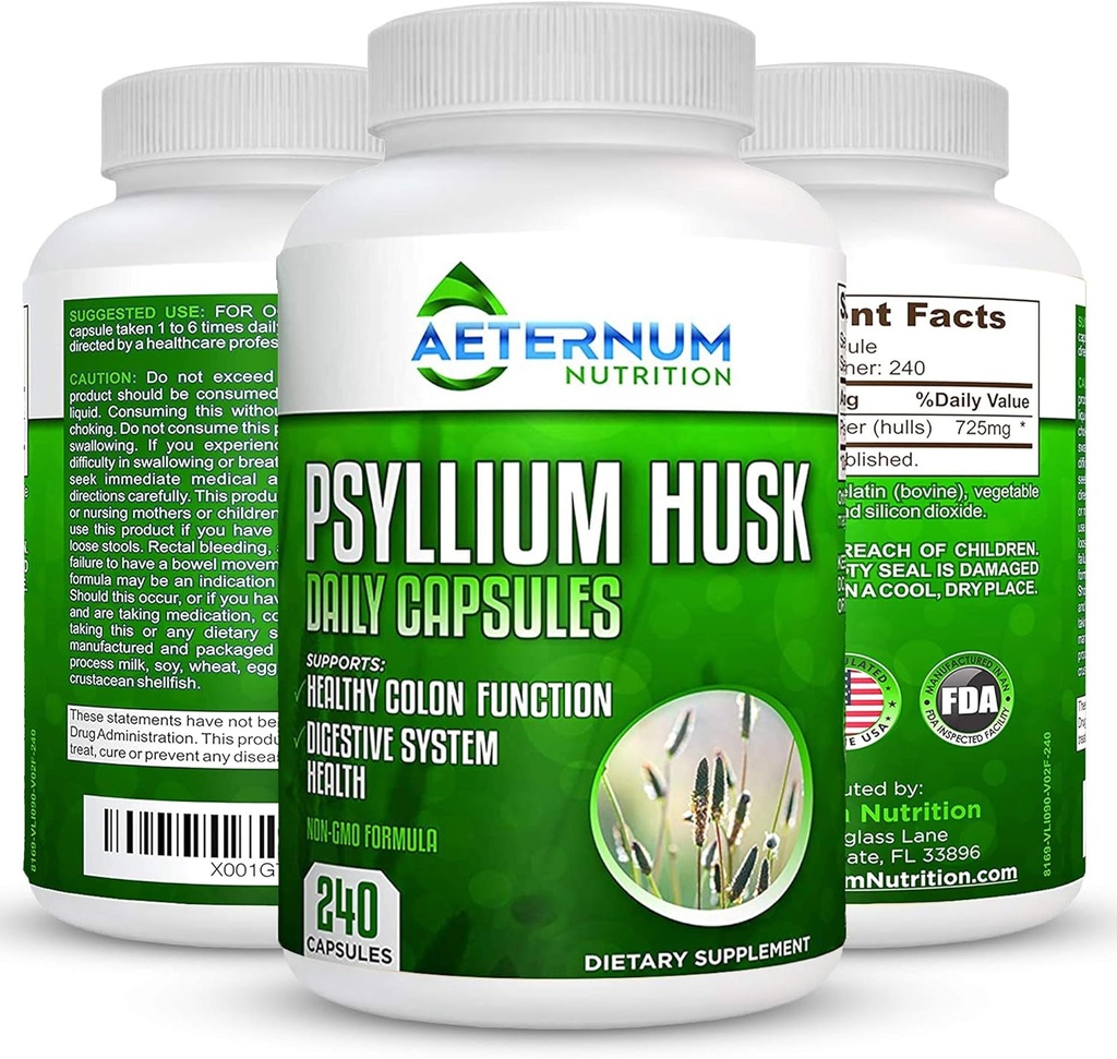 Aeternum Psyllium Husk Caps USA Made - Premium All Natural Fiber Supplement - 240 Husk Powder Capsules 725 Mg per Serving, Supports Healthy Digestive System - All Natural 100% Soluble