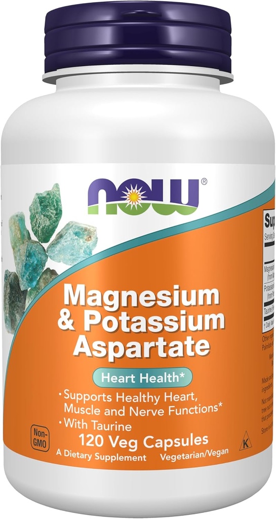 NOW Foods Supplements, Magnesium & Potassium Aspartate with Taurine, Heart Health*, 120 Veg Capsules