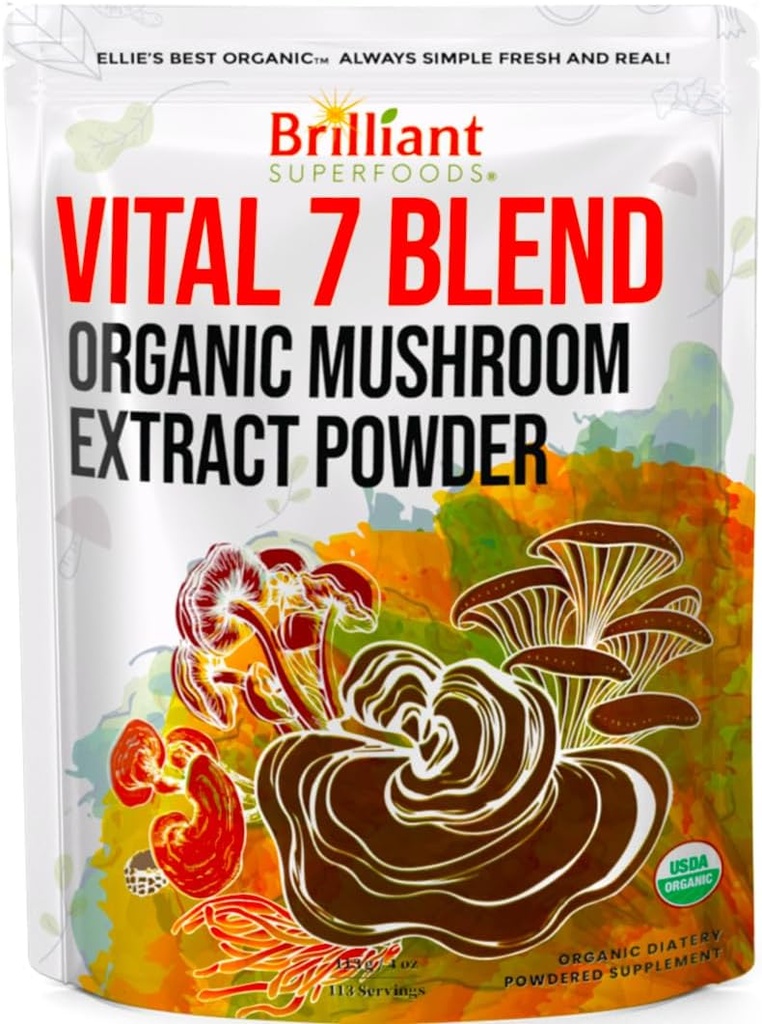 Ellie's Best 7 Mushroom Powder Extract Blend Supplement Organic 114 Servings High Potency Double Extracted Cordyceps, Reishi, Turkey Tail, Chaga, Lion's Mane - 4oz