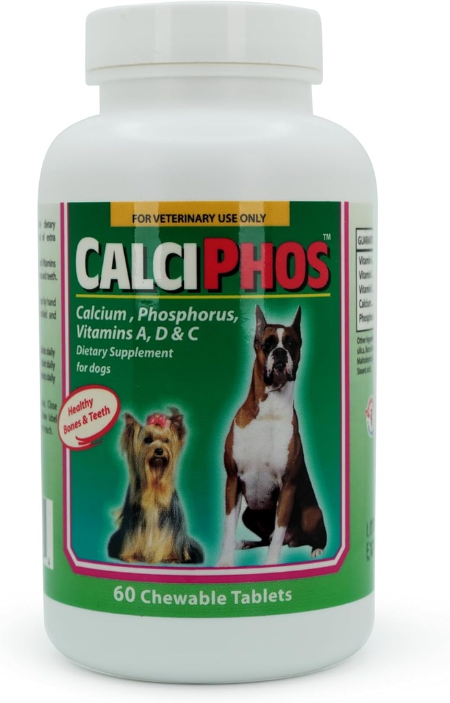 Calciphos Dietary Supplement by Interfarma Corp | Cartilage Protection, Healthy Bones & Teeth, Joint Support for Dogs | with Calcium, Phosphorus, & Vitamin A, D &C | Beacon Flavor | 60 Tablets.