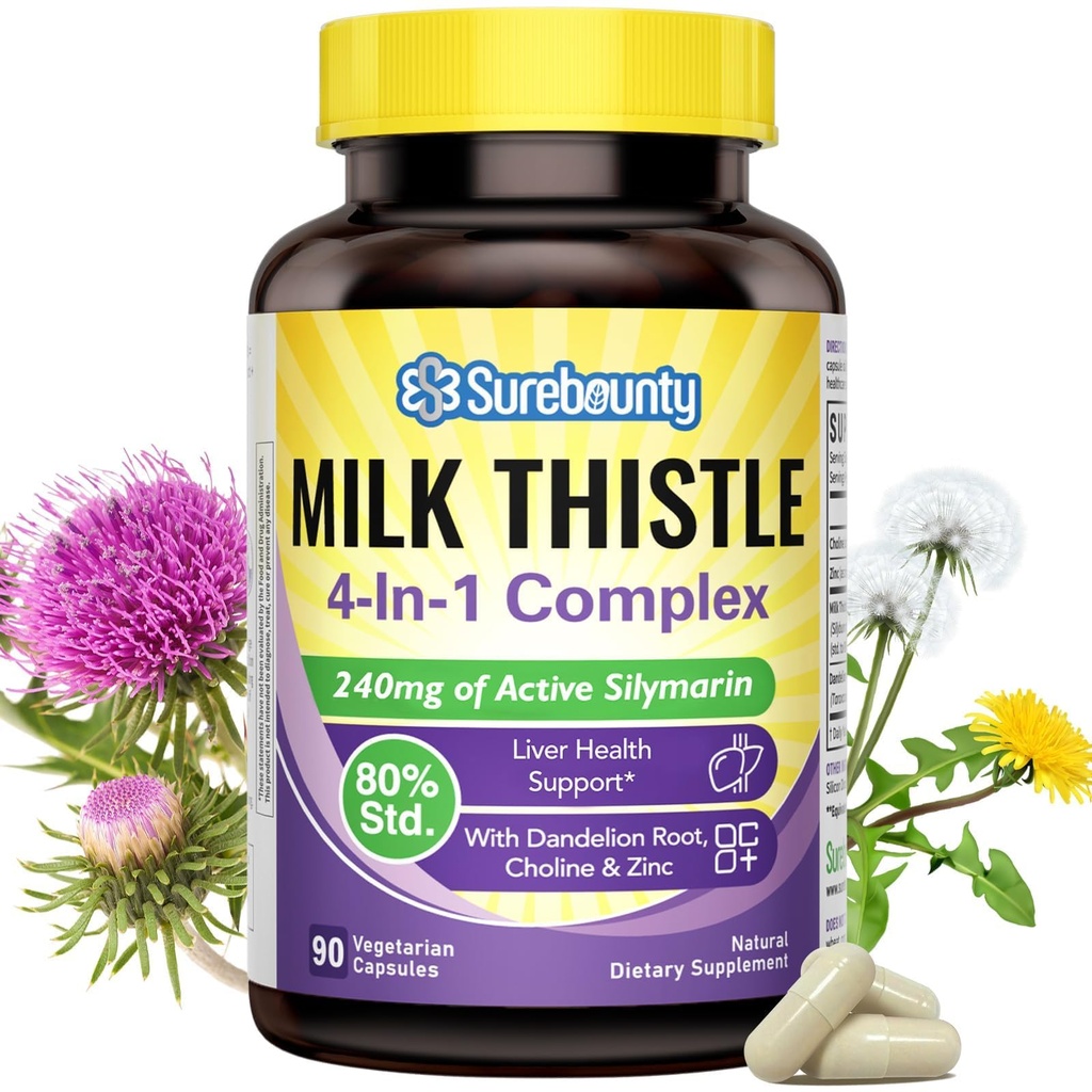 4-in-1 Milk Thistle Complex for Men & Women, Milk Thistle Extract with 240mg of Active Silymarin, 80% Std, with Dandelion, Choline, Zinc, Liver Detox & Repair, Non-GMO, Once Daily, 90 Veggie Caps