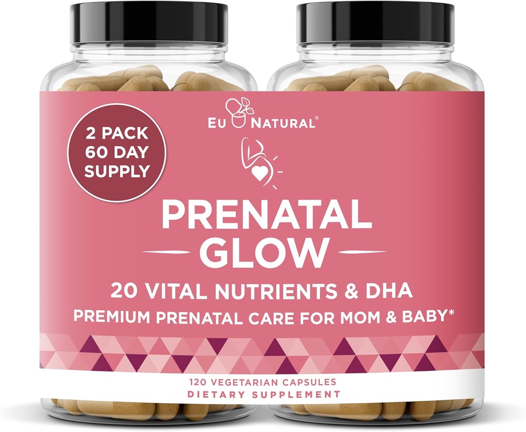 Glow Prenatal Vitamins for Women – 20-in-1 Vital Nutrients for Healthy Pregnancy and Fetal Development – Folic Acid & Vegan DHA For Baby's Growth & A Comfortable Pregnancy – 120 Nourishing Capsules