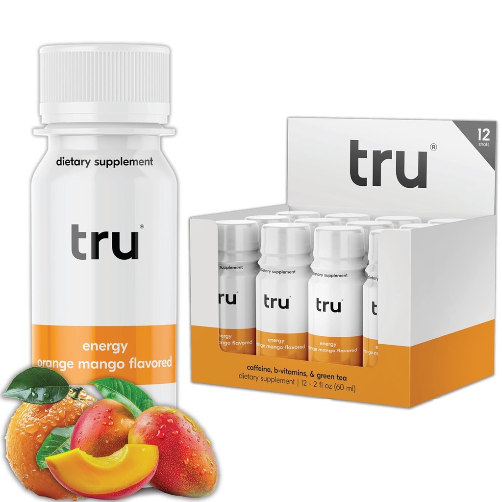 Tru Energy Shot, Extra Strength Energy Drink with Natural Caffeine, Green Tea, B Vitamins B3, B6 & Vitamin B12, Zero Sugar & Calories, Keto, Vegan, Gluten Free, Orange Mango, 2 FL OZ Bottles, 12 Pack