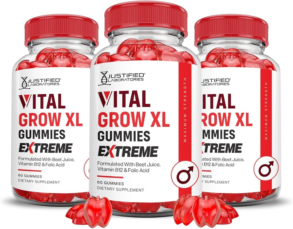Justified Laboratories (3 Pack Vital Grow XL Extreme 2000MG Performance Gummies Advanced Formula Formulated with ACV Pomegranate Beet Juice Powder B12 Vegan Non GMO 180 Gummys