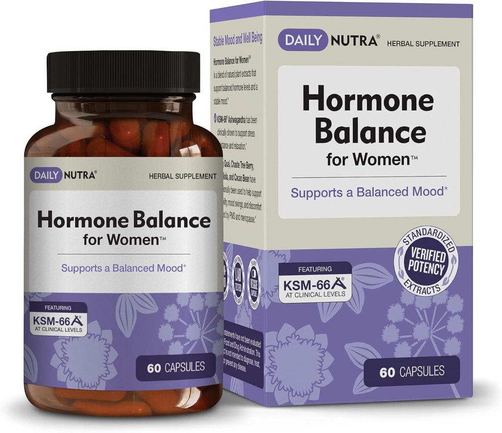 Hormone Balance - Women's Serotonin Supplement - KSM-66 Ashwagandha, Dong Quai, Chaste Tree Berry, Rhodiola, & Cocoa Bean Extracts - for Female Hormones, PMS, Menopause (60 Capsules)