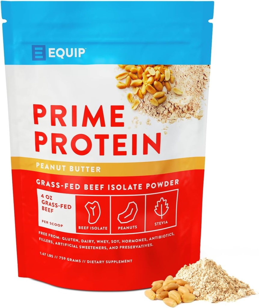Equip Foods Prime Protein Powder | Clean, Grass Fed Beef Protein Powder for Women & Men | Carnivore Protein Isolate | Paleo, Keto Friendly | Gluten & Dairy Free | 30 Servings, Peanut Butter