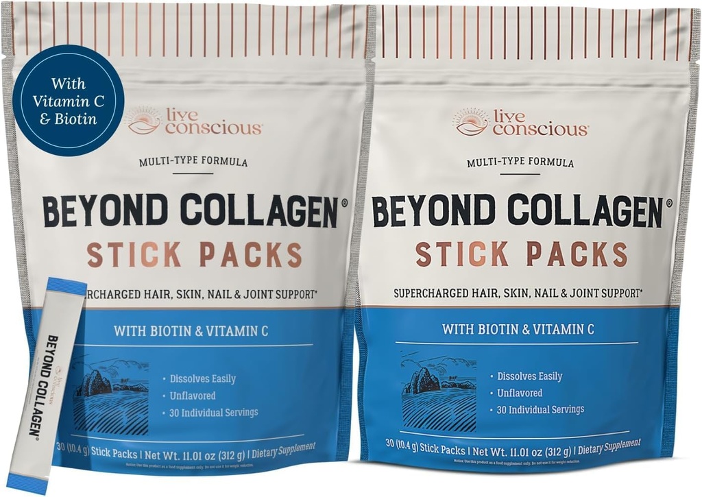 Live Conscious Beyond Collagen Peptides Powder Unflavored Packets-Hydrolyzed Collagen Powder-Hair Skin Nail & Joint Support- Multi Type Collagen Supplements for Women & Men 30 Pack (2pk)