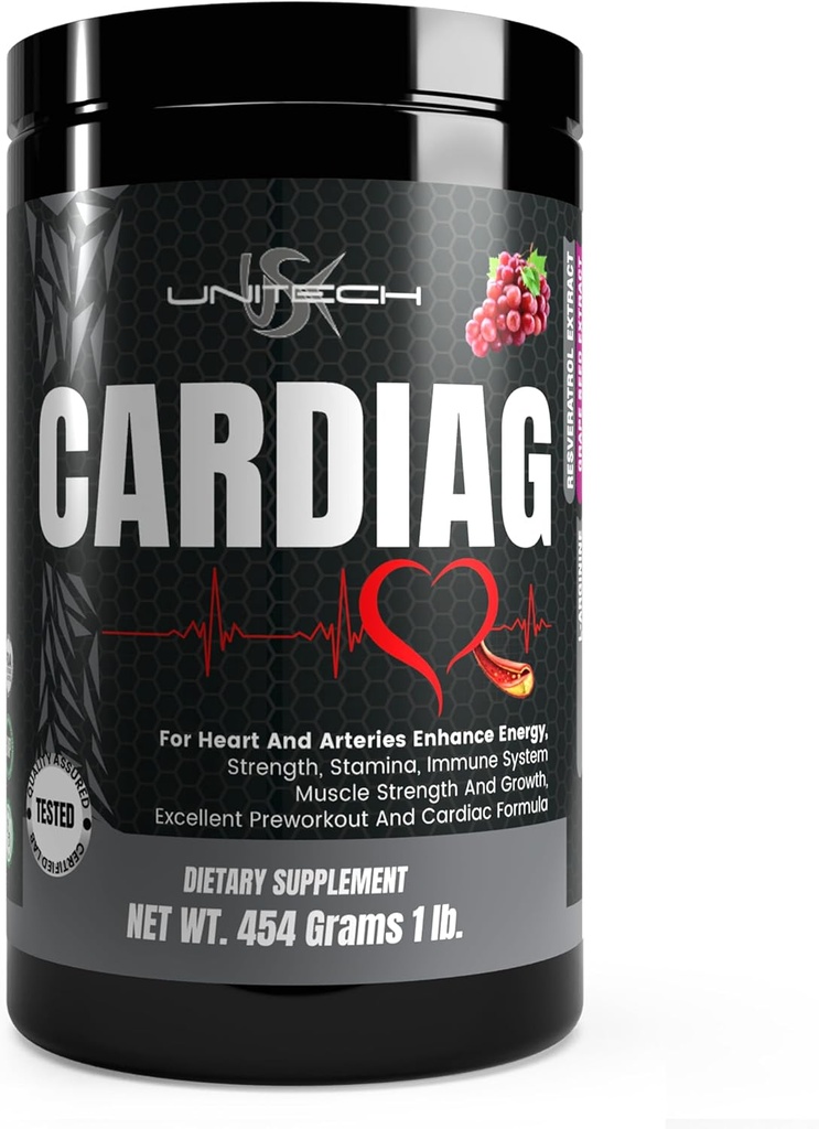 Unitech USK Cardiag Grape Powder | Natural Supplement with L-Arginine, L-Citrulline, Grape Seed Extract, Resveratrol, and Coenzyme Q10 | Grape Flavor, 16 oz