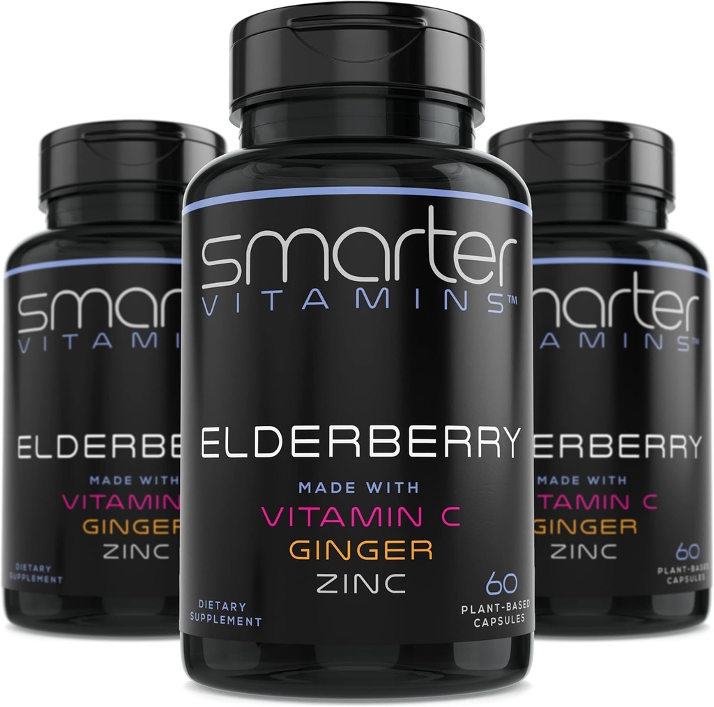 (3 Pack) Smarter Elderberry Capsules + Vitamin C + Ginger & Zinc, Herbal Supplement, Powerful Black Elder Berry Extract Antioxidant Vitamin, 180 Vegan Pills