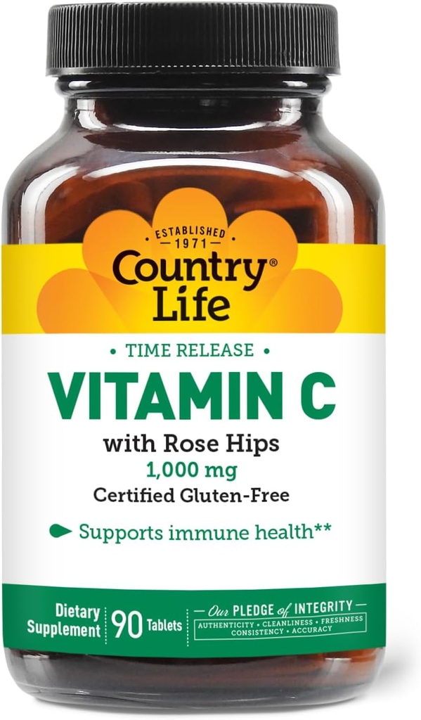 Country Life Vitamin C 1000mg with Rose HIPS – Time Release Immune Support Supplement – Antioxidant Protection – Vegan, Gluten-Free, Preservative-Free – 90 Tablets