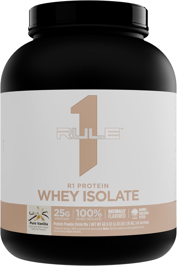 Rule 1 Naturally Flavored R1 Protein Whey Isolate - Clean Formula with 25g Protein & 6g BCAA Exclusively Isolated & Hydrolyzed Sources for Workout Recovery (4.3 Pounds*, Pure Vanilla)