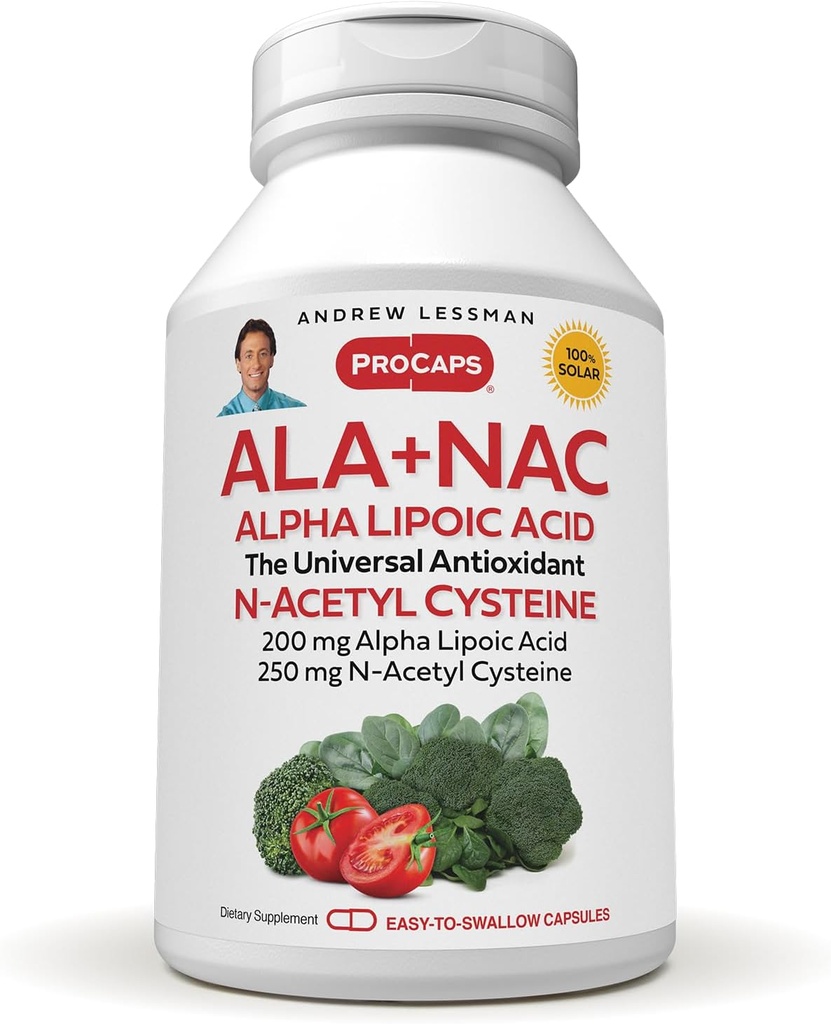 ANDREW LESSMAN ALA + NAC Alpha Lipoic Acid with N-Acetyl-Cysteine 60 Capsules - Ultra-High Potency, Anti-Oxidant Support for Nervous System, Heart, Brain, Liver, Kidneys, Lungs, Energy. No Additives