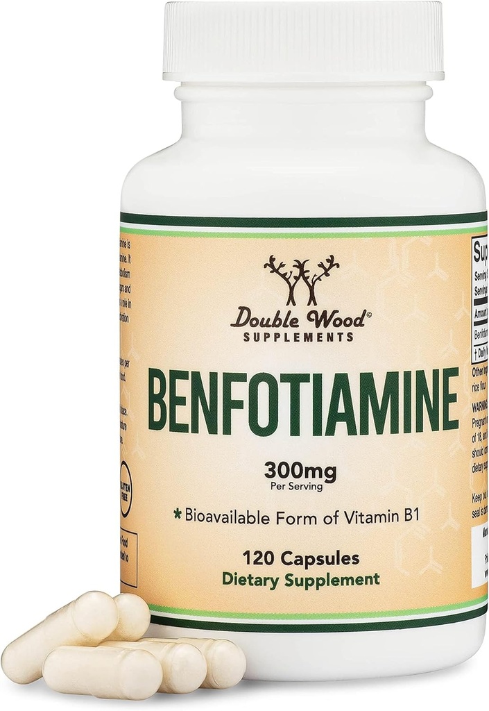 Benfotiamine 300mg Servings (Third Party Tested, 120 Capsules, 150mg Per Cap) Non-GMO, to Boost Thiamine B1 Levels (More Absorbable Than Thiamine, Fat Soluble) by Double Wood