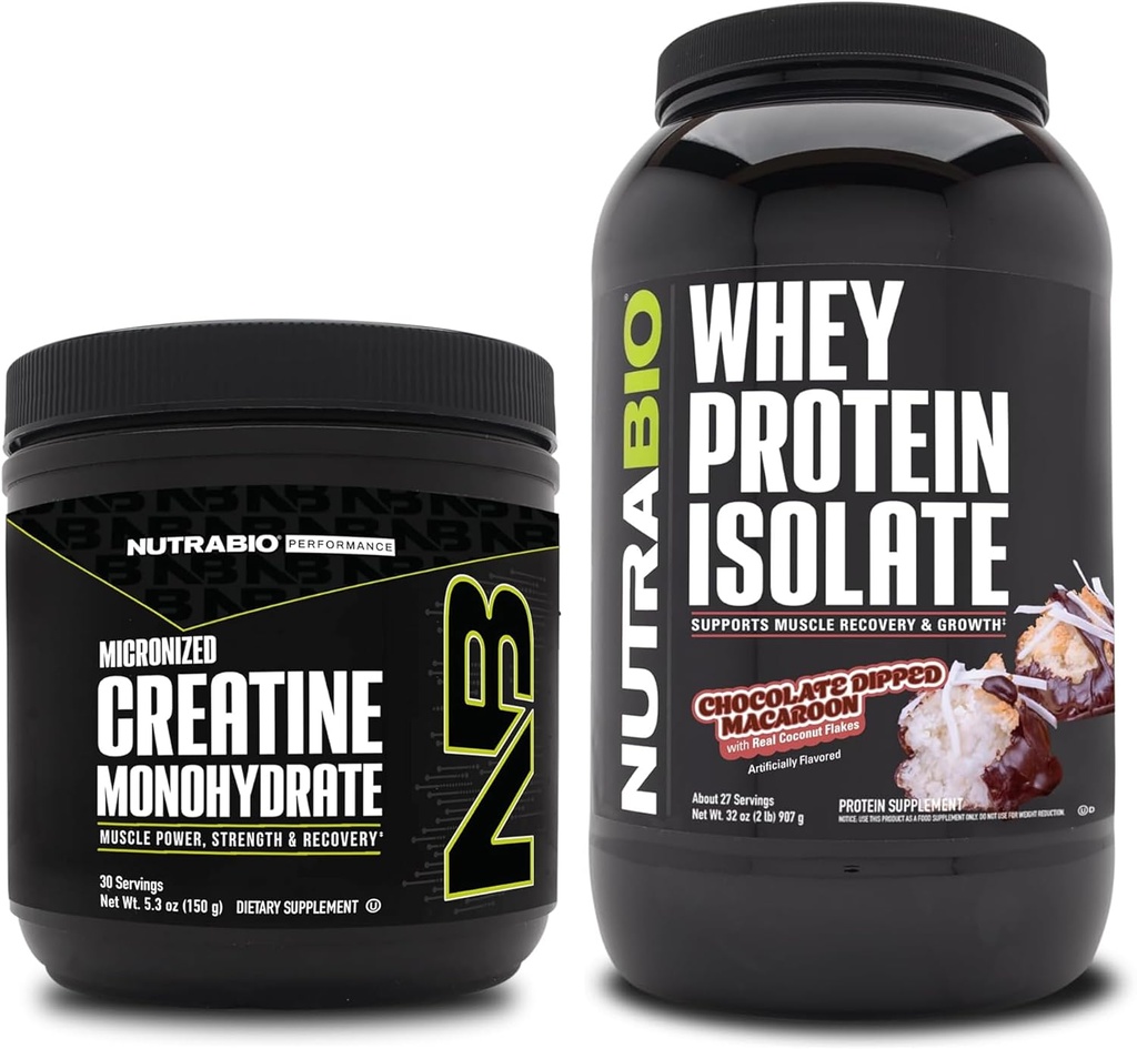 NutraBio Creatine Monohydrate, Unflavored, 150g and Whey Protein Isolate, Chocolate Dipped Macaroon, Supplement Bundle - Muscle Energy, Lean Muscle Growth, Recovery, and Strength