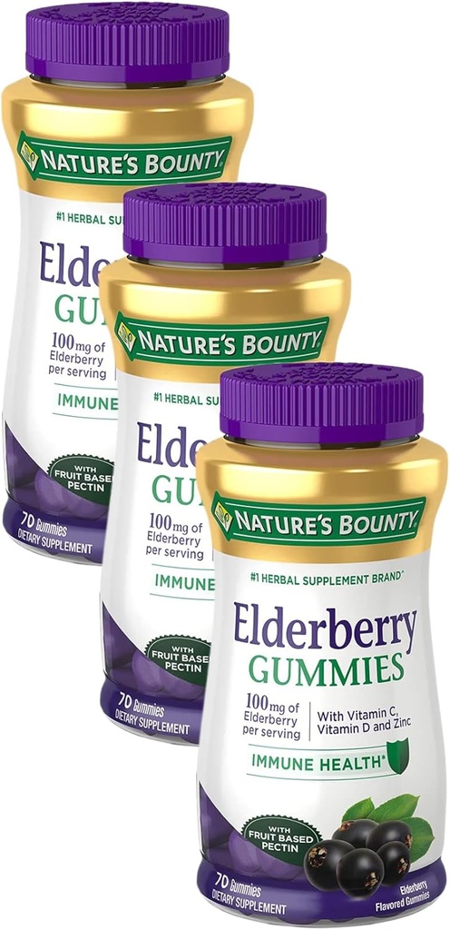 Nature's Bounty Elderberry Gummies, Dietary Supplement, Supports Immune Health, Contains Vitamin A, C, D, E and Zinc, 100 mg, 70 Gummies (Pack of 3)