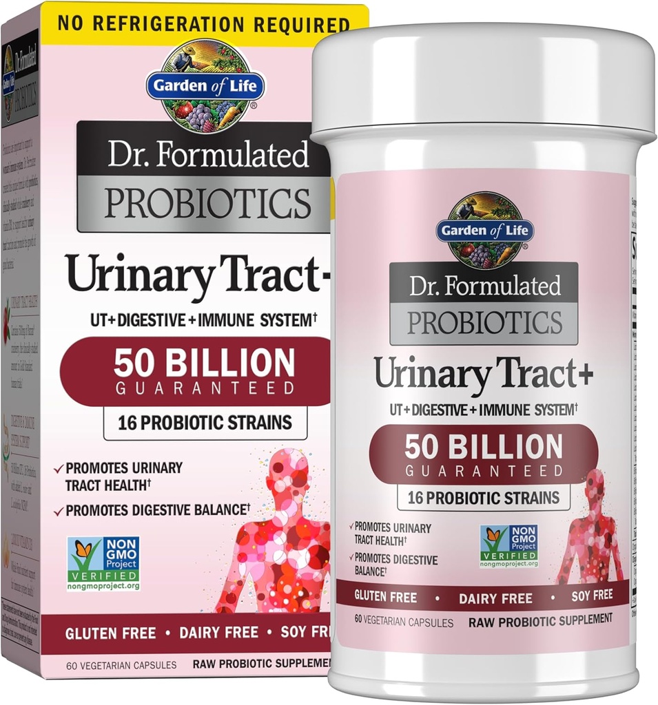 Garden of Life Dr. Formulated Probiotics Urinary Tract+ - Acidophilus Probiotic Supports Urinary Tract Health, Digestive Balance – Shelf Stable - Gluten, Dairy, and Soy-Free - 60 Vegetarian Capsules