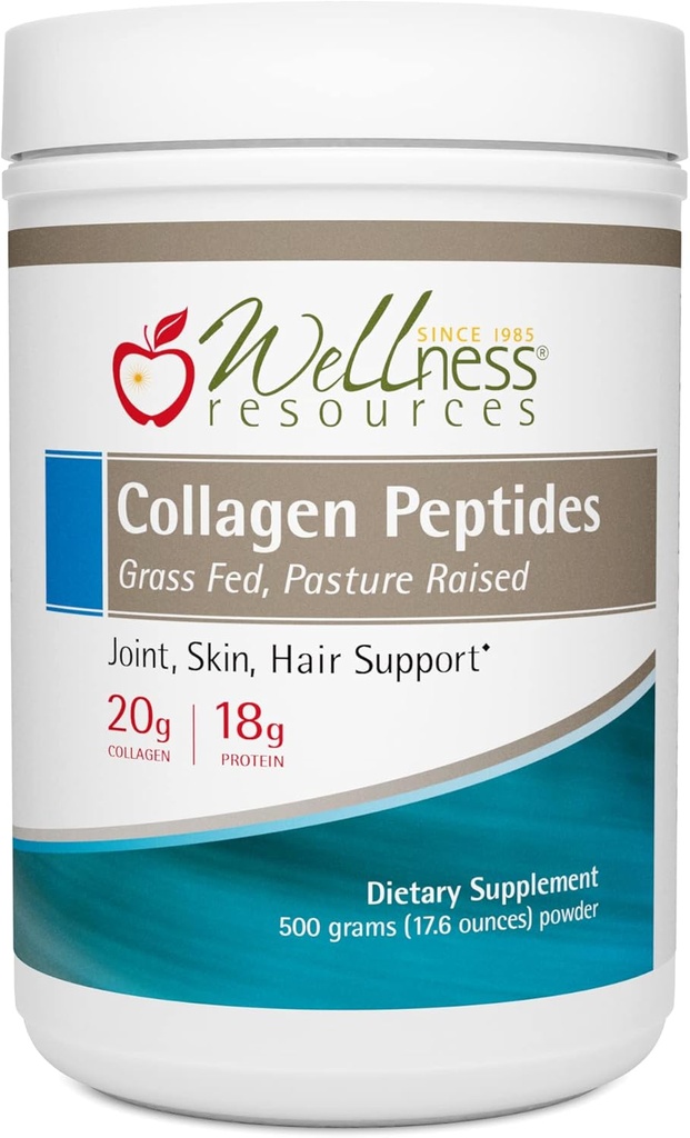 Wellness Resources Collagen Peptides - Pasture Raised, Grass Fed 100% Collagen Protein - Hydrolyzed Type I and III Collagen Peptides Powder, Unflavored (500 Grams/ 17.6 Ounces)