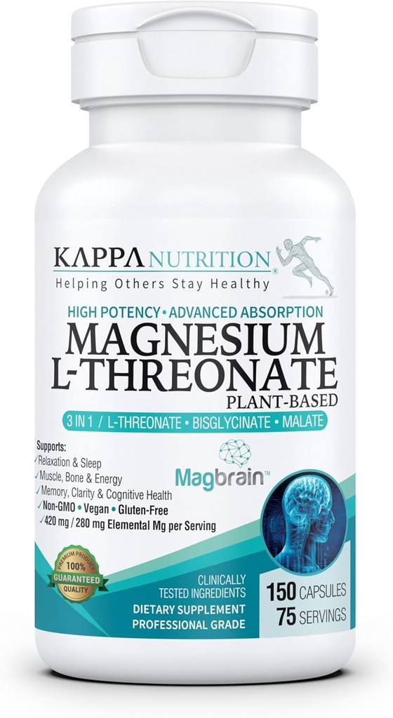 Kappa Nutrition Powered by Magbrain™ Magnesium L-Threonate Plant-Based, 420mg Elemental Magnesium (3 Capsules) from 2,253mg, 150 Vegan Capsules, Brain, Sleep & Muscle Support.