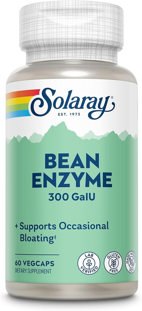 SOLARAY Bean Enzyme 300 GalU - Alpha Galactosidase Digestive Enzymes for Women and Men - Digestive Health Supplement - Supports Occasional Bloating and Gas Relief for Adults - 60 Servings, 60 VegCaps