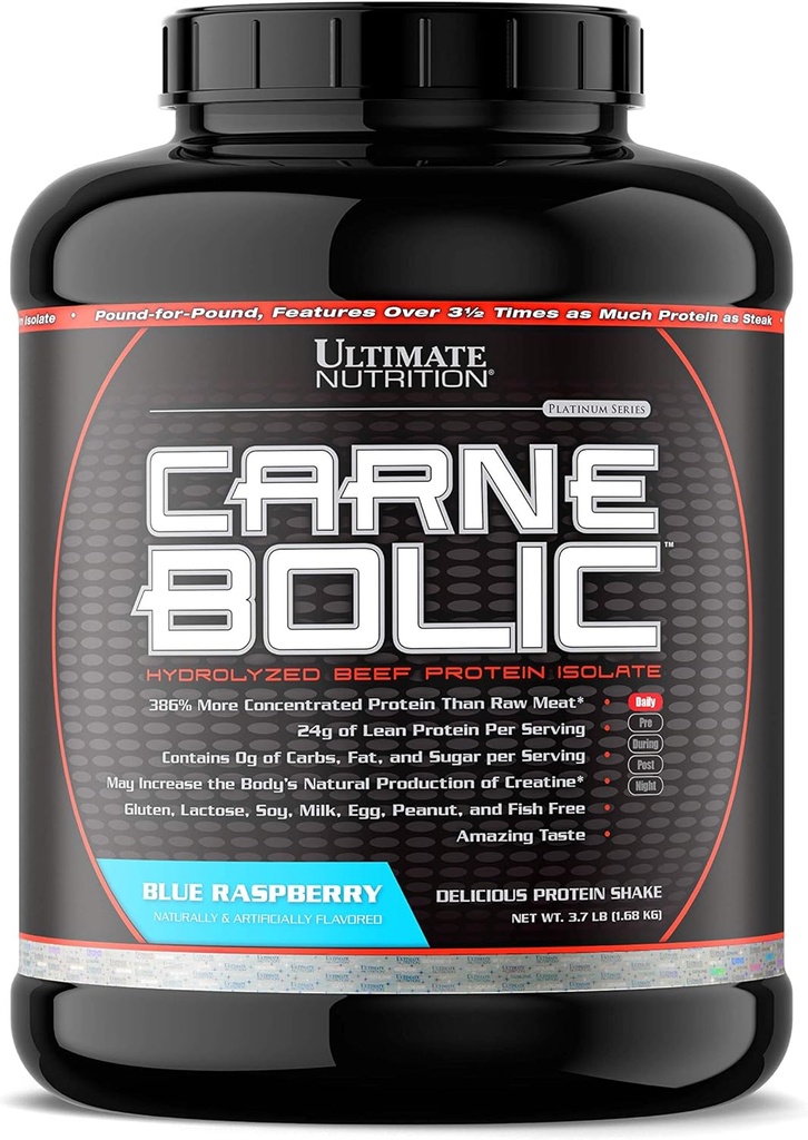 Ultimate Nutrition Carnebolic Hydrolyzed Beef Protein Isolate Powder-Paleo and Keto Friendly-Zero Carbs, Zero Fat, Zero Sugar or Soy, Gluten and Lactose-Free, Blue Raspberry, 60 Servings
