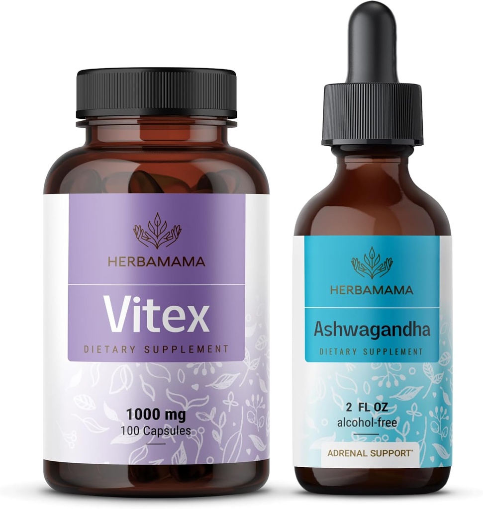 HERBAMAMA Vitex and Ashwagandha Kit - Bundle of 1000 mg Vitex Chasteberry Capsules & Ashwagandha Liquid Drops 2 fl oz - Vegan, Non-GMO, Sugar & Alcohol-Free - 2 Pack