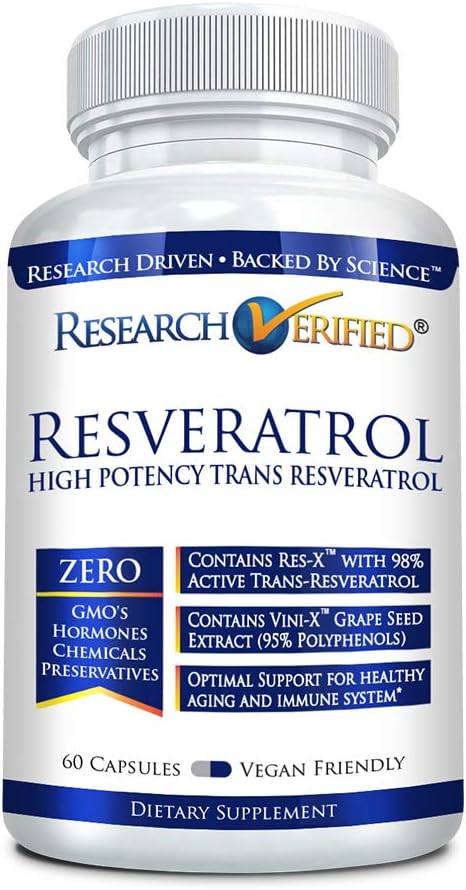 Research Verified Resveratrol - 98% Trans-Resveratrol 1000 mg, Anti-Aging Support - 1 Bottle - 60 Capsules