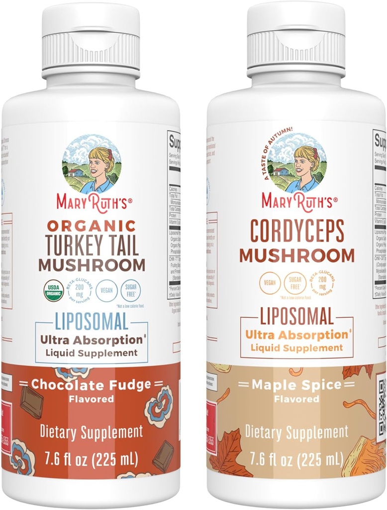 MaryRuth Organics Mushroom Liposomals: Turkey Tail (Chocolate Fudge) & Cordyceps (Maple Spice) | Clean Label Project Verified® | Immunity, Energy, & Overall Health | Vegan, Non-GMO, Gluten Free