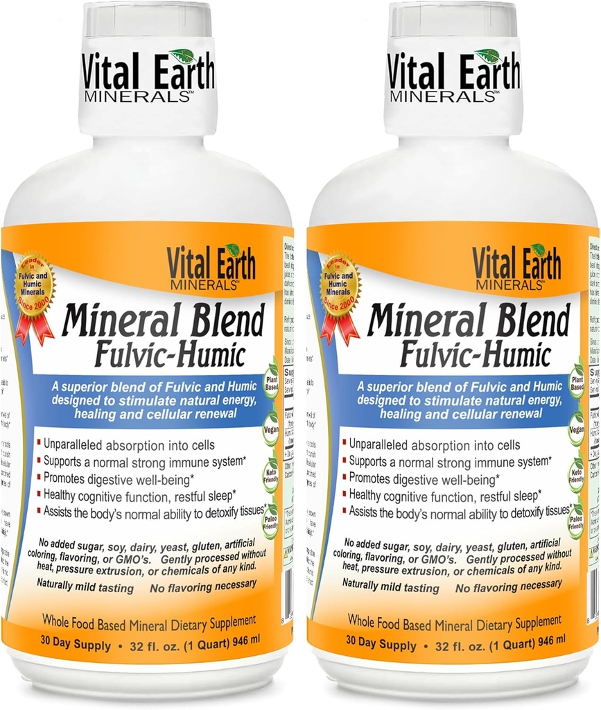 Vital Earth Minerals Fulvic Humic Mineral Blend Liquid 2-Pack – Fulvic Acid Supplement with 70+ Trace Minerals, Electrolytes for Recovery, Balance & Energy, 32 Oz Ea + 1 Oz Cup Ea