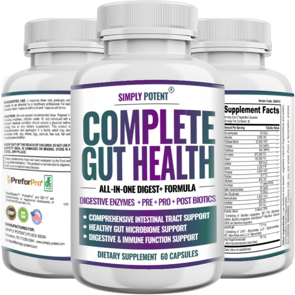 Complete Gut Health, Digestive Enzymes Plus Prebiotic, Probiotic & Post Biotic Gastrointestinal Support, Supports Gut Health & Immune Function, 60 Capsules