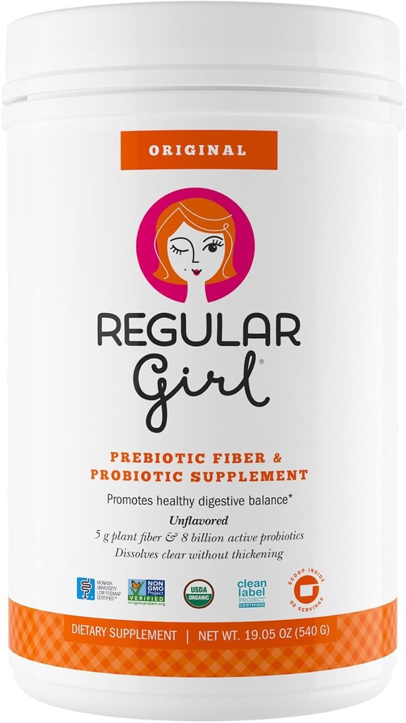 Regular Girl Organic Powder, Prebiotic Fiber Supplement and Probiotics for Women, Low FODMAP, 90 Day Bulk Supply, Unflavored, 90 Servings