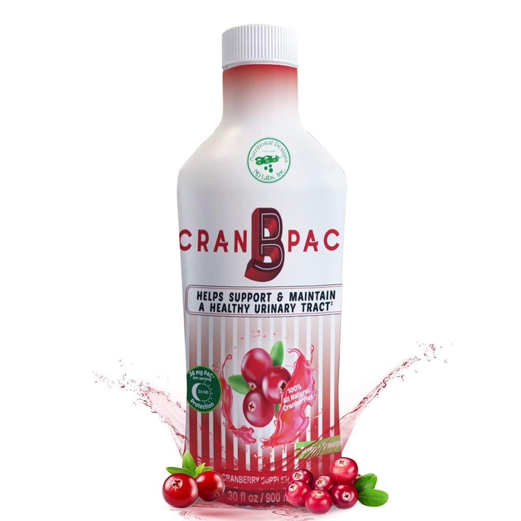 Nutritional Designs Cran-B-PAC Cranberry Supplement, UTI Prevention, Urinary Tract Health for Women Cranberry Concentrate Liquid with Vitamins, Natural & Non GMO, 36mg PAC Per oz, 30 Oz Bottle