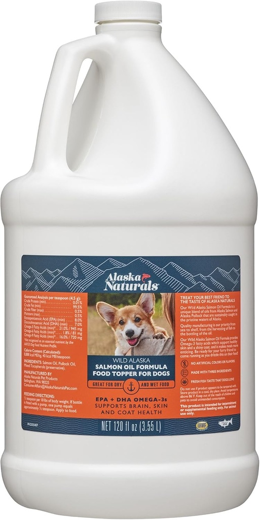Wild Alaskan Salmon Fish Oil for Dogs Skin and Coat – EPA + DHA Omega 3 Oil - Fatty Acids Dog Supplements - Support Fur Coat and Brain Health - Natural Liquid Food Topper for Pets – 120 oz.