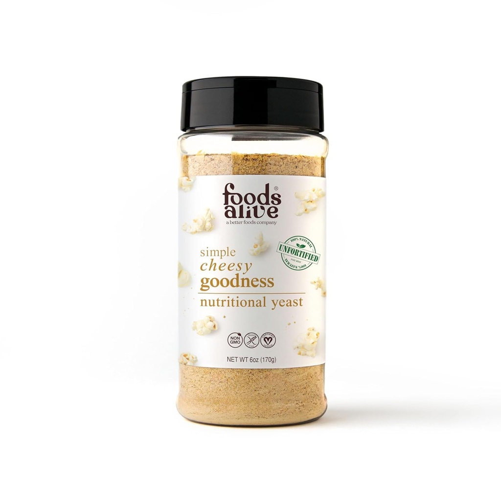 Foods Alive Nutritional Yeast Flakes - (6oz Shaker) Non Fortified and Gluten Free Plant Based Protein, Great Vegan Cheese Powder and Popcorn Seasoning, Flavor Booster for Keto and Whole Foods!