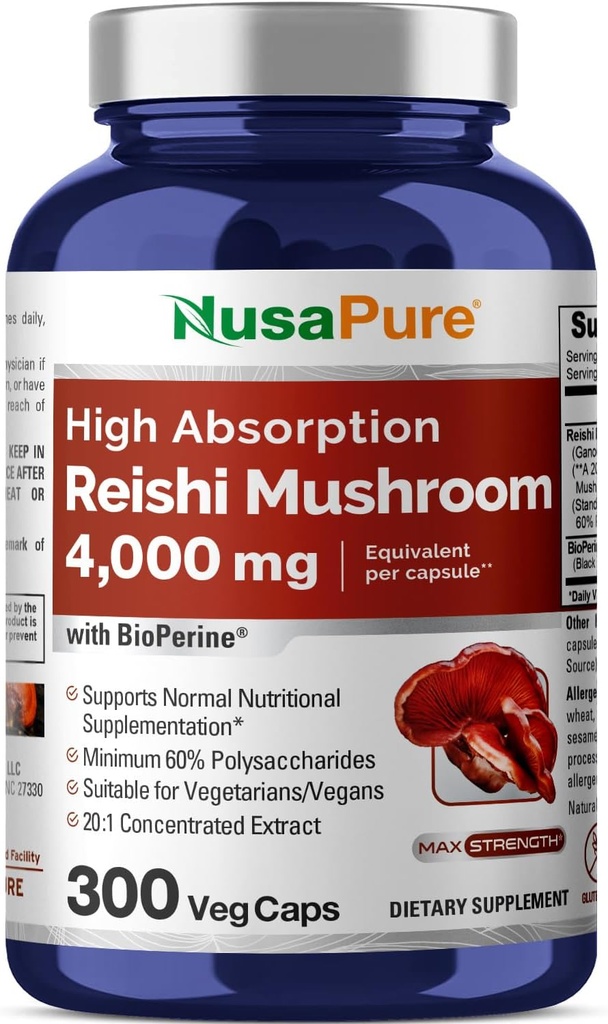 NusaPure Reishi Mushroom Extract 20:1 Extract, 200 mg Equivalent to 4000mg per Capsule 300 Veggie Caps Vegan, Non-GMO, Vegan