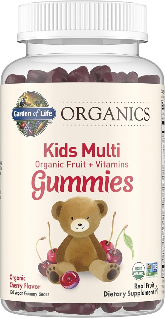 Garden of Life Organics Kids Gummy Vitamins, Certified Organic, Non-GMO & Vegan Complete Children's - B12, C & D3 Gluten, Soy & Dairy Free Real Fruit Chew Gummies, Multi, Cherry, 120 Count