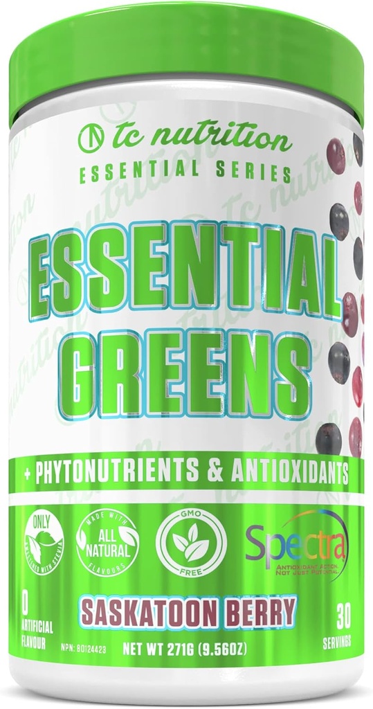 Essential Greens Powder | Optimize Health + Energy | Spectra, Organic Matcha, Spirulina, More | Probiotics & Digestion Support, Antioxidants | Stevia Sweetened, Saskatoon Berry,30 Serv, Non-GMO, Vegan