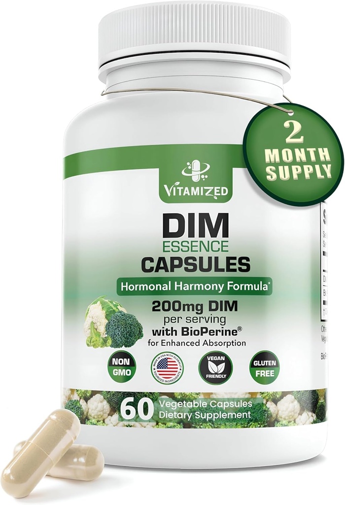 Dim Estrogen Supplement for Hormone Harmony & Skin Health, 2 Month Supply - 200 mg Diindolylmethane for Metabolism Balance, Menopause, Mood Support w Bioperine for Higher Absorption