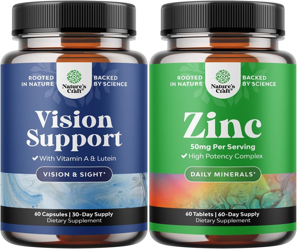 Bundle of Complete Eye Health Supplement for Adults for Vision Dry Eyes Pressure and Blue Light Protection and Zinc Complex for Immune System and Zinc