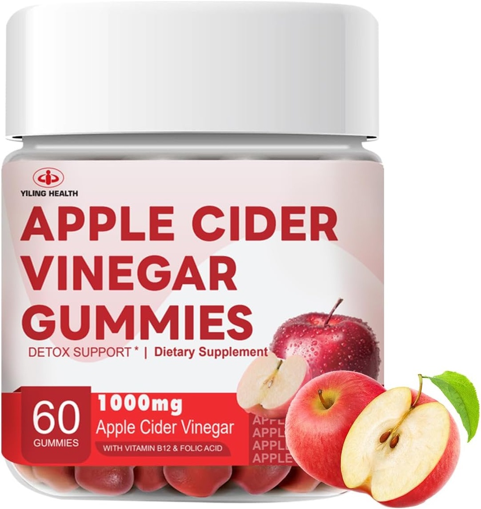 YiLing Improved Sour-Sweet Taste Apple Cider Vinegar Gummies - 1000mg -Formulated to Support Immune Health Normal Energy Levels & Gut Health- Apple Flavor Gummies Enriched B12 / B6 / Beetroot