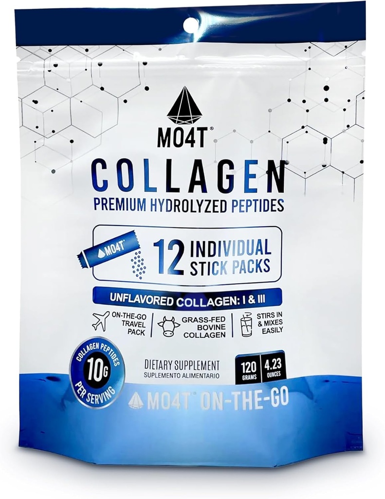 Hydrolyzed Collagen Peptides - Collagen Travel Packets - Grass-Fed- Unflavored,-Portable Collagen Powder for Joints, Hair, Skin & Nails -12 Sachets - Collagen Stick Packs