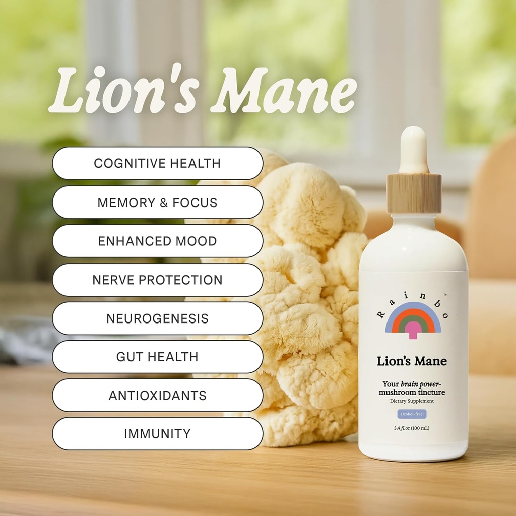Rainbo - Lion's Mane Mushroom Tincture - Dual Extract Mushroom Supplement - Brain Support, Focus, Memory, Liquid Lion's Mane Supplement, Vegan, Non GMO, 3.4 fl oz