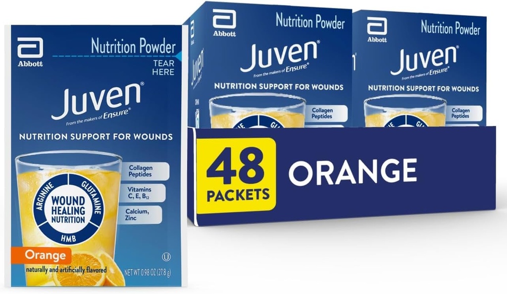 Juven Therapeutic Nutrition Drink Powder Including Collagen Peptides, Amino Acids, and HMB for Wound Healing Support, Orange, 48 Packets