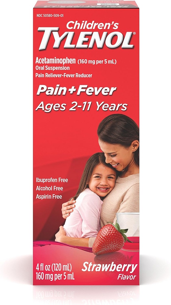 Children's Tylenol Oral Suspension Medicine, Kids' Liquid Medicine Pain Reliever & Fever Reducer for Cold + Flu Symptoms, Aspirin-, Ibuprofen- & Alcohol- Free, Strawberry, 4 fl. oz