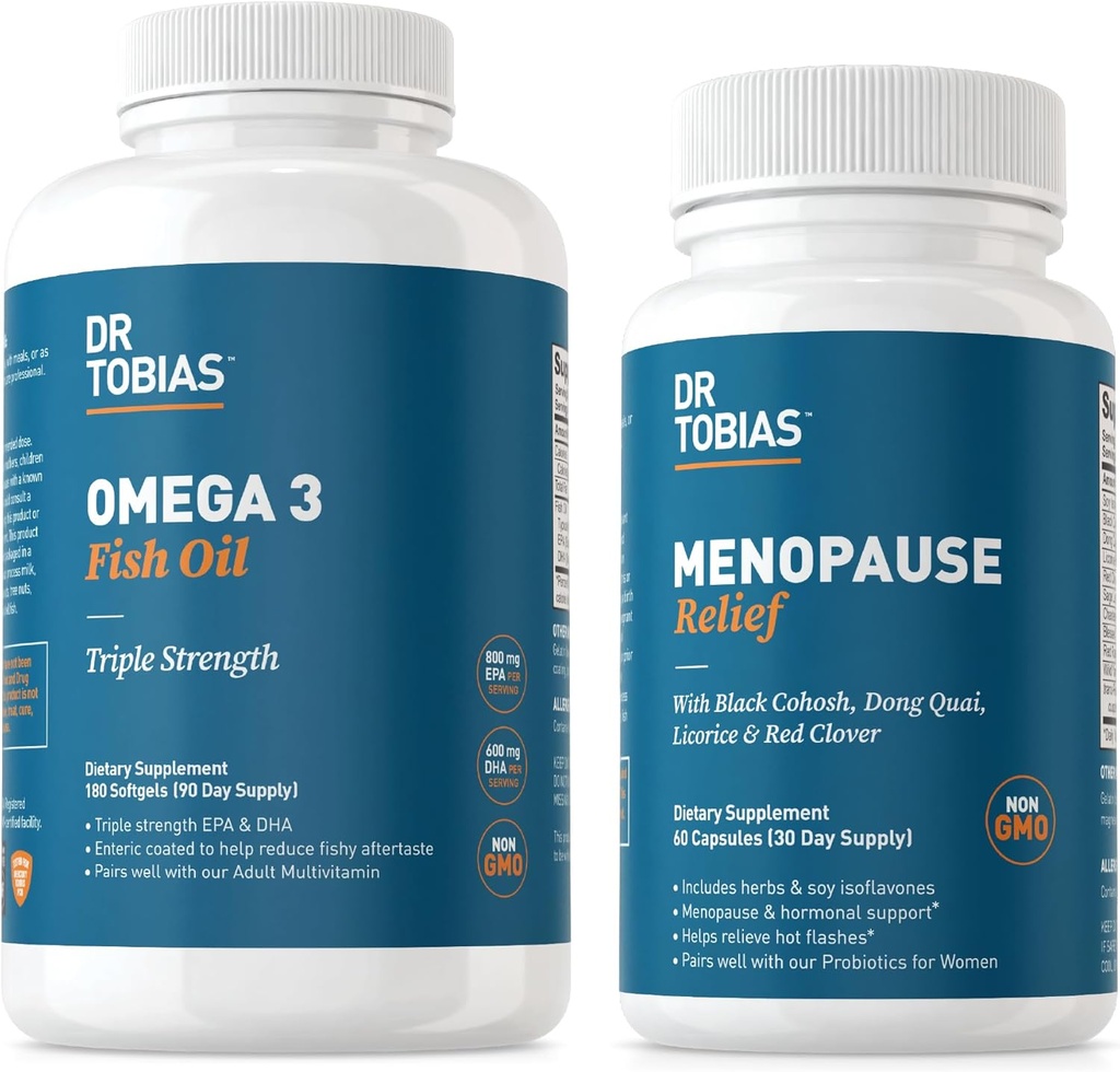 Dr. Tobias Omega 3 Fish Oil and Menopause Relief for Women, Endocrine Support with Essential Omega 3s, Hot Flashes and Night Sweats Supplements, Non-GMO