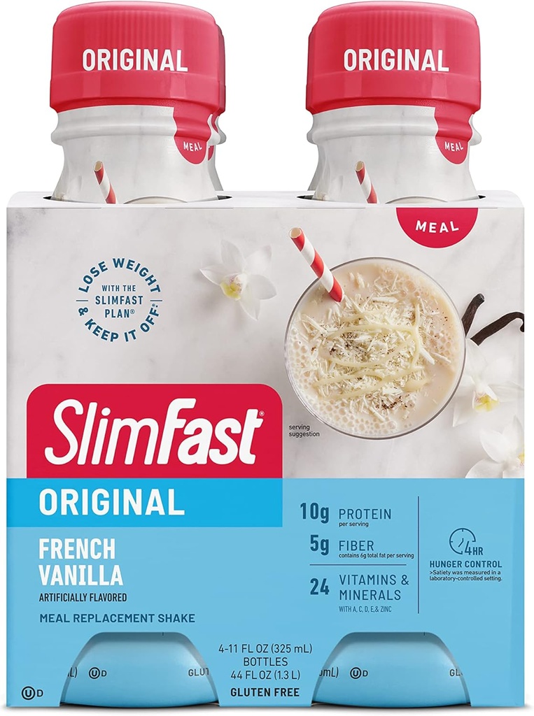 SlimFast Meal Replacement Shake, Original French Vanilla, 10g of Ready to Drink Protein for Weight Loss, 11 Fl. Oz Bottle, 4 Count (Packaging May Vary)